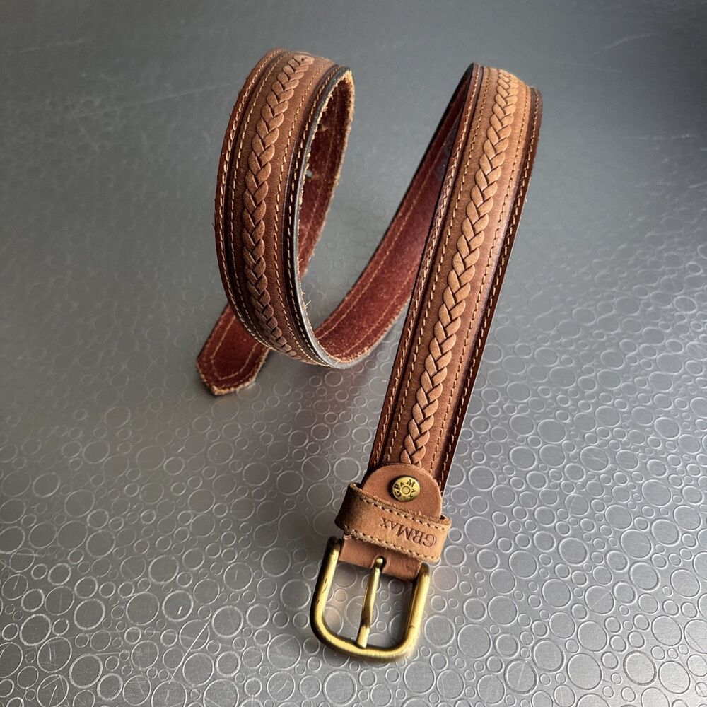 Vintage GPMAX Italy Leather Belt Brass Buckle Chevron Tan Brown - Size XS S